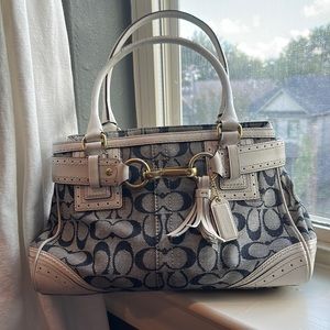 Vintage Coach denim shoulder bag, white leather trim with gold buckle